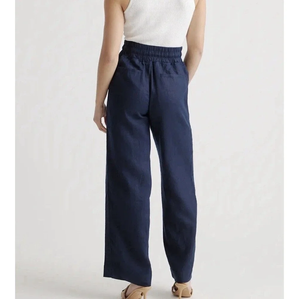 Quince 100% European Linen Blue Pull-On  Wide Leg Pant Women Sz M Coastal EUC